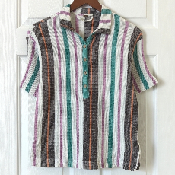 Free People Endless Summer Soleil Time Striped Waffle Knit Boxy Henley Polo XS - Picture 1 of 11